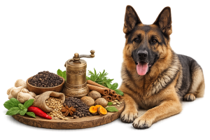 Pastor alemán junto a ingredientes naturales utilizados en alimentación canina saludable