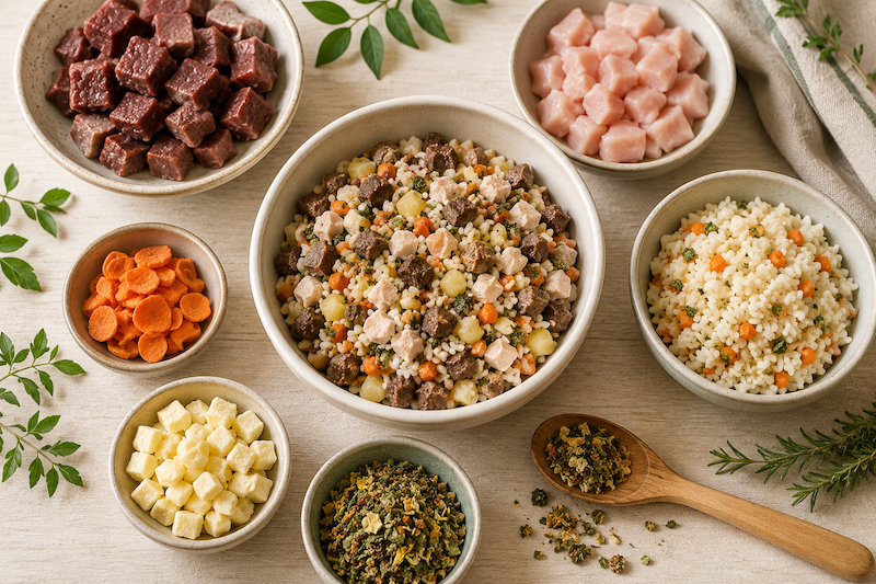 Ingredientes BARF naturales para perros con carne, verduras, arroz, patatas y hierbas deshidratadas